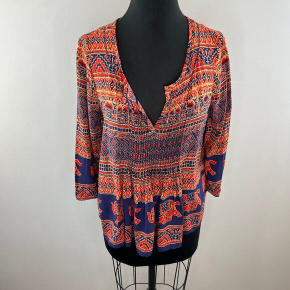 Vanessa Virginia Anthropologie Mahdia Elephant Bohemian Blouse Orange / Blue 6 - Picture 2 of 10